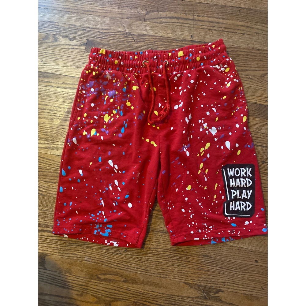 Galaxy by Harvic Mens Red Paint Splatter Sweat Shorts Work Hard Play Hard Large